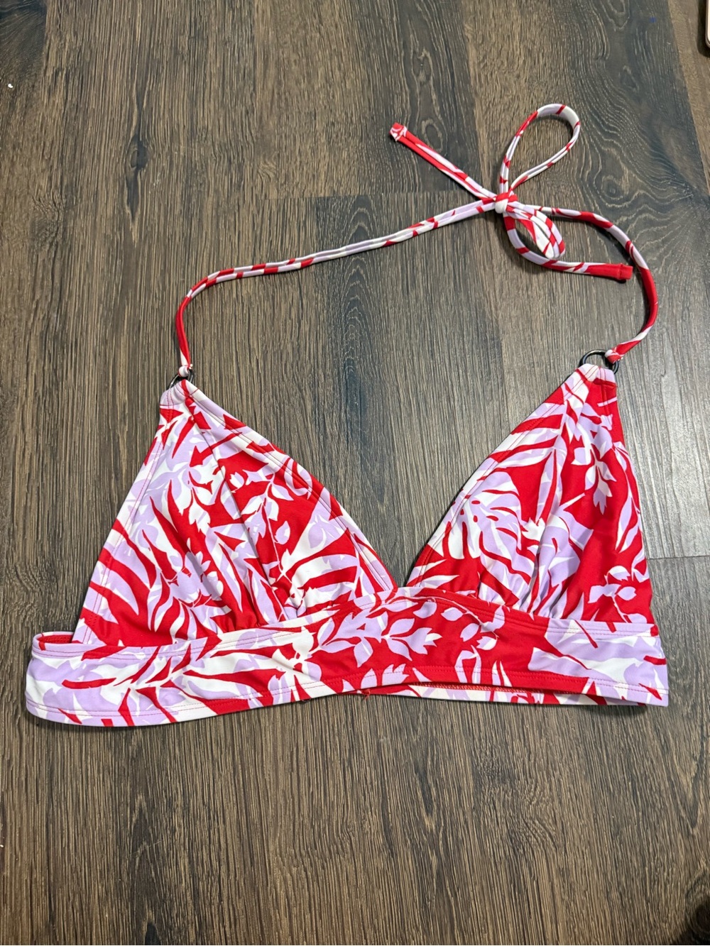 Kona Sol Red & White Tropical Leaf Halter Bikini Top
